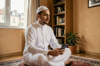 Homme musulman consultant les horaires de prières sur son smartphone dans un salon à Argenteuil