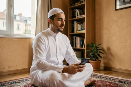 Homme musulman consultant les horaires de prières sur son smartphone dans un salon à Argenteuil