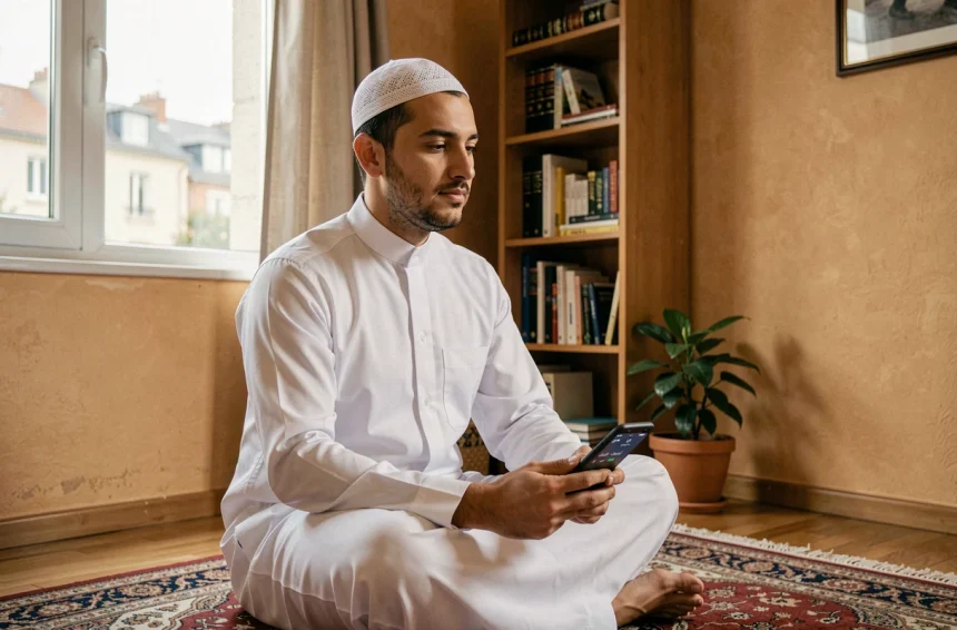 Homme musulman consultant les horaires de prières sur son smartphone dans un salon à Argenteuil