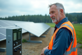 Ingénieur inspectant une pile a hydrogene avec panneaux solaires