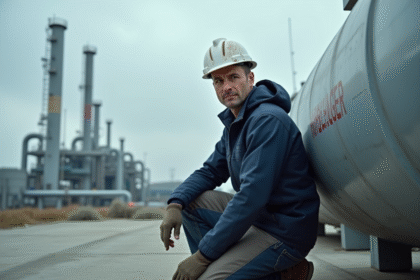 Ingénieur en veste de travail et casque près d'un réservoir d'hydrogène industriel