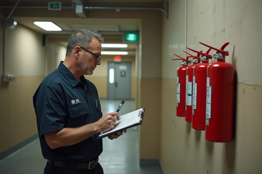 Inspecteur de sécurité incendie vérifiant un extincteur dans un couloir d'établissement de type R ERP
