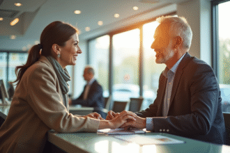 Intérieur moderne d'une banque avec un conseiller souriant aidant un couple