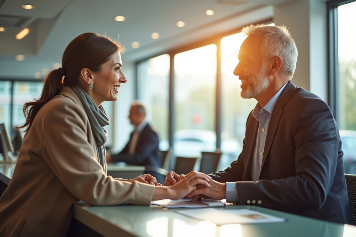 Intérieur moderne d'une banque avec un conseiller souriant aidant un couple