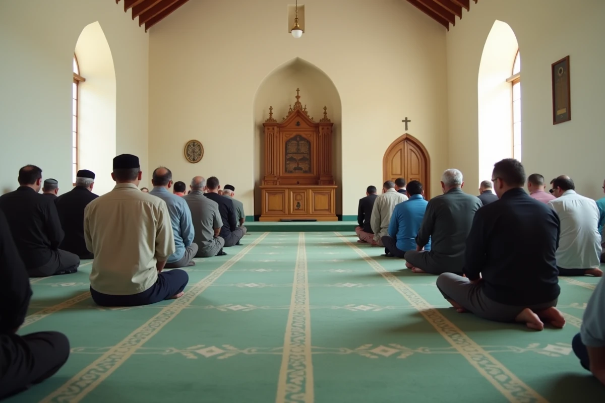 Salle de prière d'une mosquée de Compiègne avec fidèles en prière sur tapis géométrique