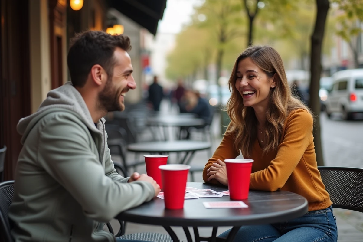 Deux amis jouant à un jeu de cartes à boire en terrasse de café avec des expressions amusées