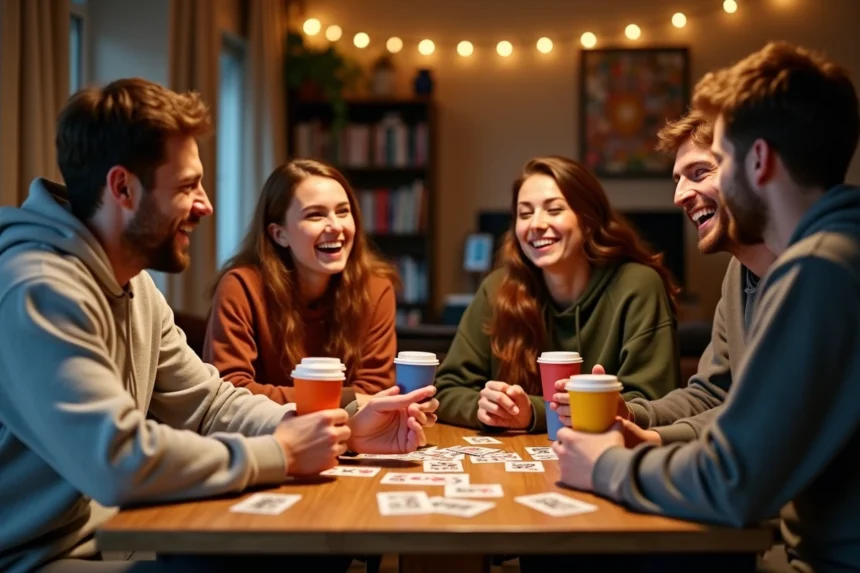 Groupe de jeunes adultes jouant à un jeu de cartes à boire autour d'une table en bois dans un appartement convivial