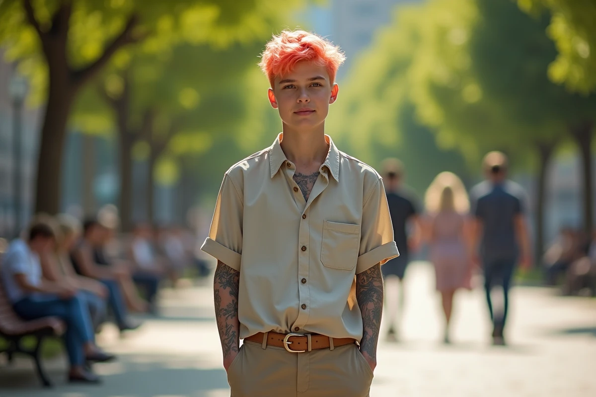 Jeune adulte avec cheveux colorés dans un parc urbain