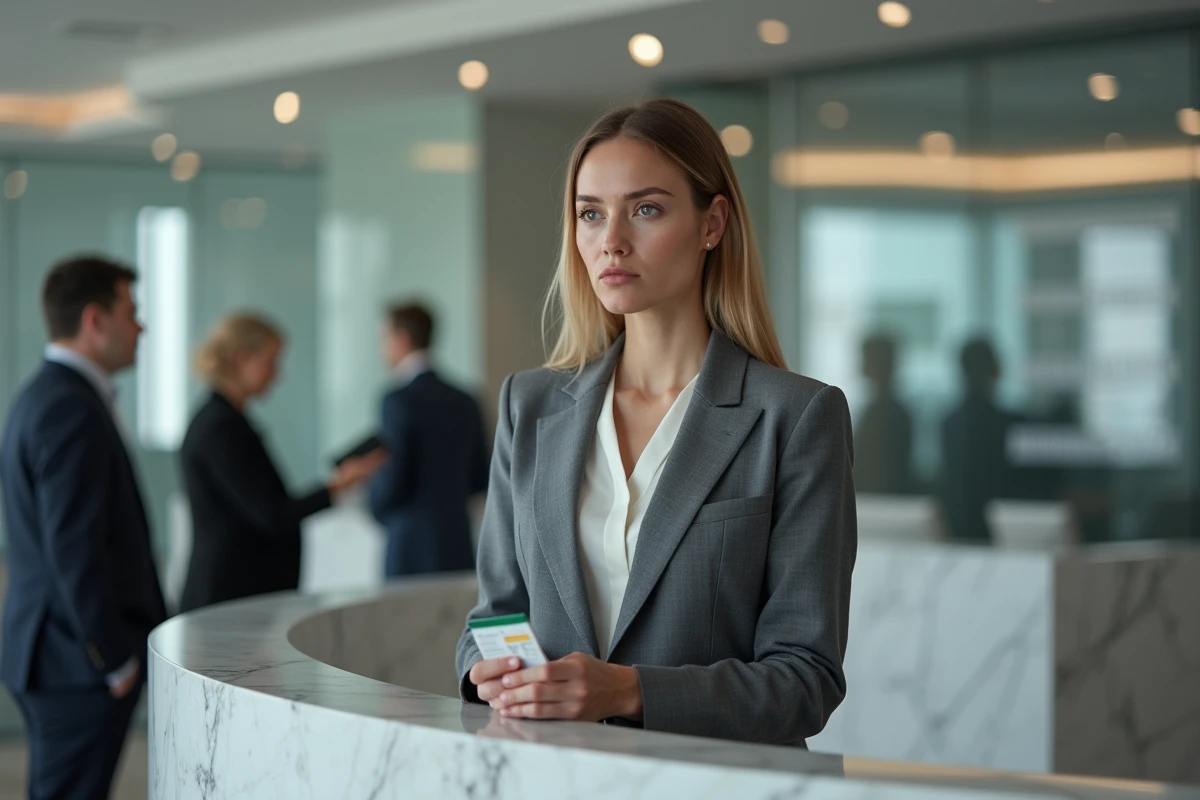 Jeune avocate dans un bureau public avec carte d
