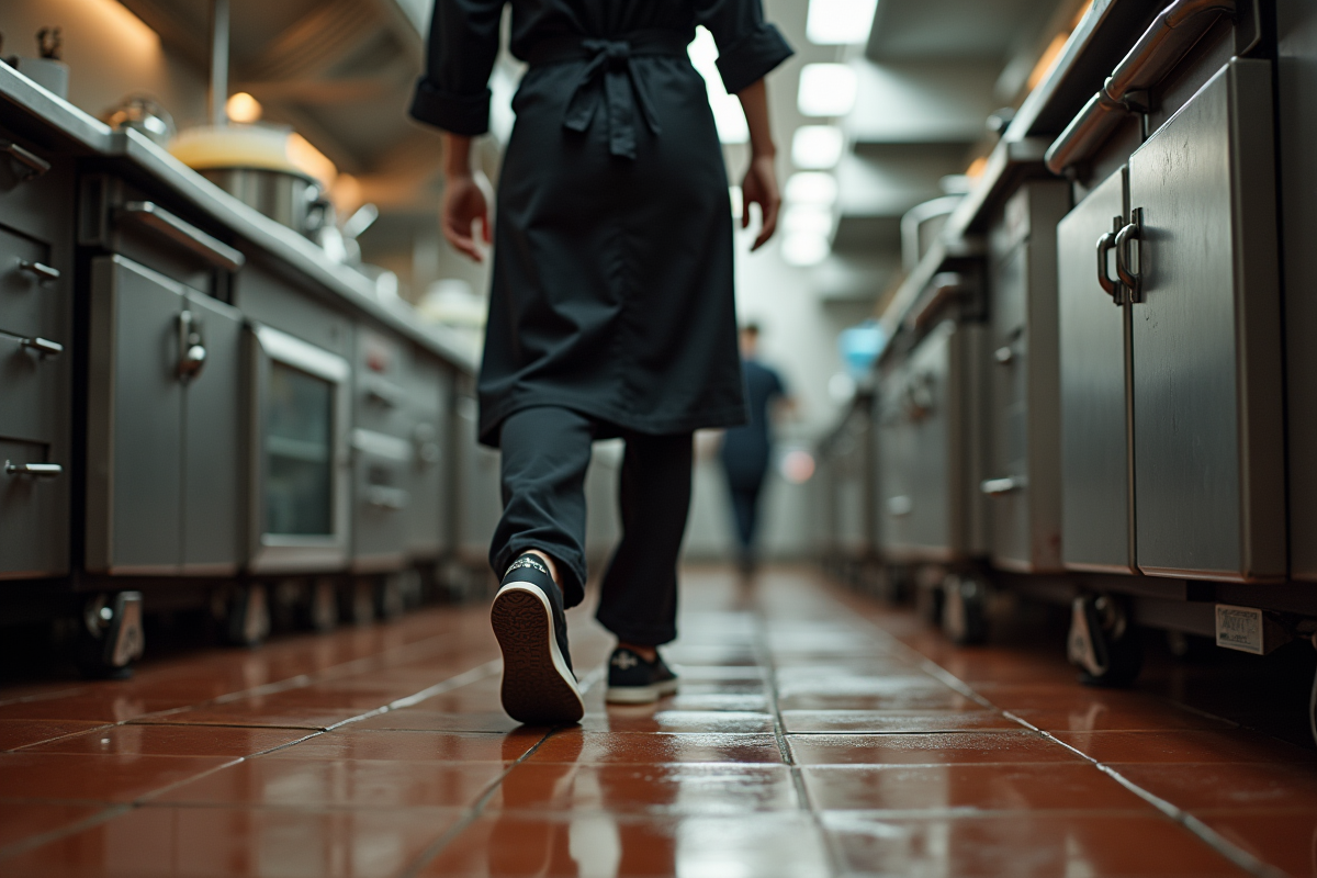 Jeune cuisiniere marchant dans une cuisine professionnelle humide