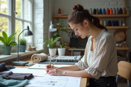 Jeune créatrice de mode esquissant dans son atelier lumineux