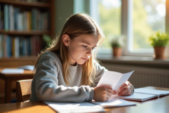 Jeune adulte étudiant avec flashcards à un bureau lumineux