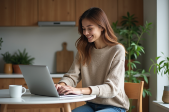 Jeune femme souriante dans un appartement cosy au bureau