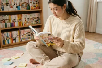 Jeune femme débutante lisant un manga Epsilon confortablement installée sur le sol de sa chambre entourée de livres