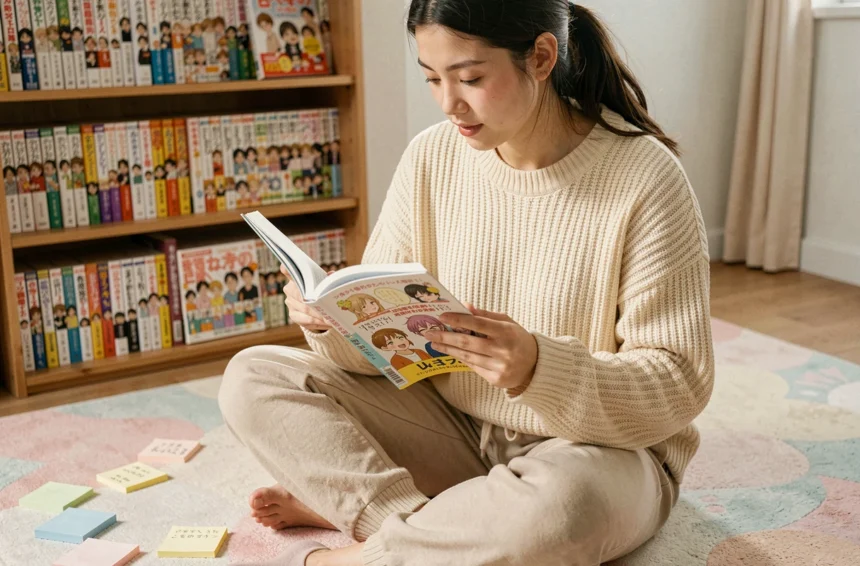 Jeune femme débutante lisant un manga Epsilon confortablement installée sur le sol de sa chambre entourée de livres