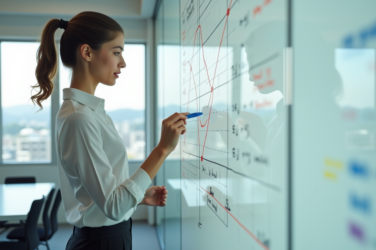 Jeune femme dessinant une courbe de rendement sur un tableau blanc