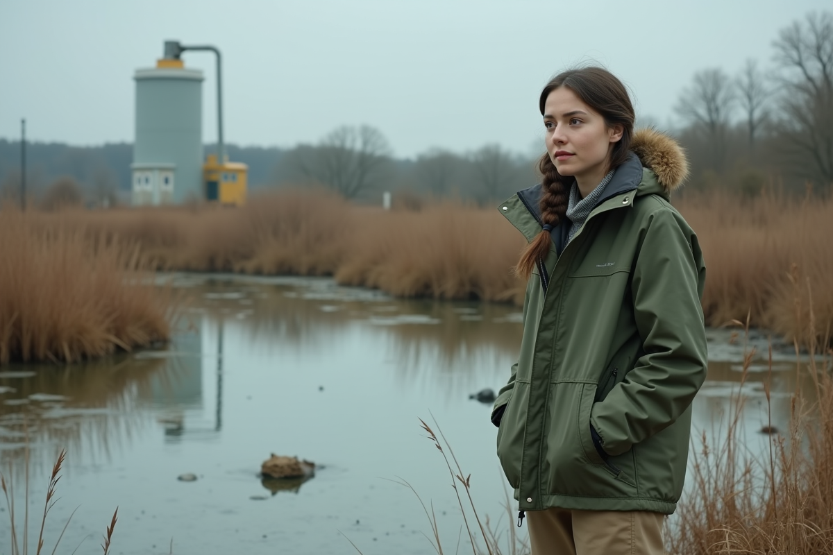 Jeune femme écologiste observant un étang pollué près d