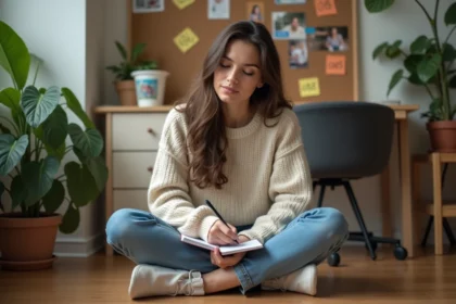 Jeune femme en sweater journalisant dans un intérieur cosy