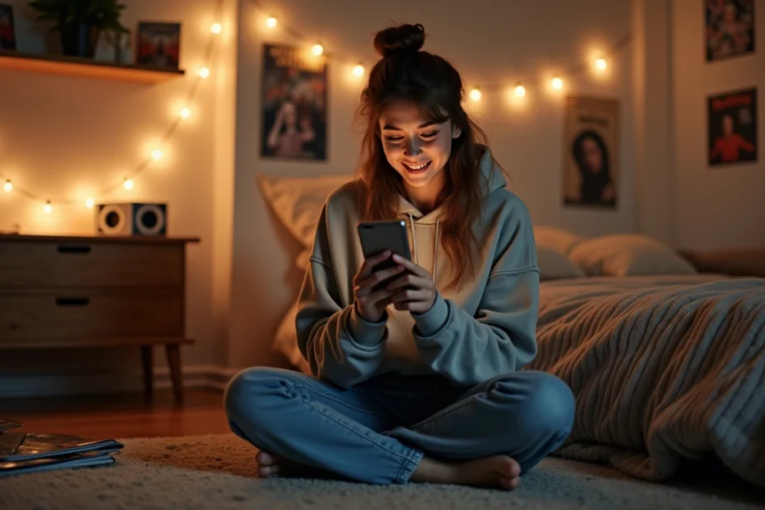 Jeune femme qui enregistre un message vocal pour une dédicace radio Skyrock dans sa chambre