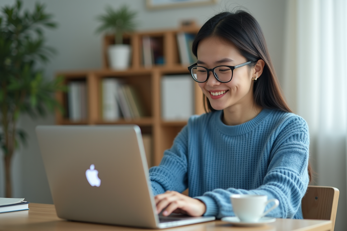 Jeune femme concentrée jouant au minijeu Google Snake sur son ordinateur
