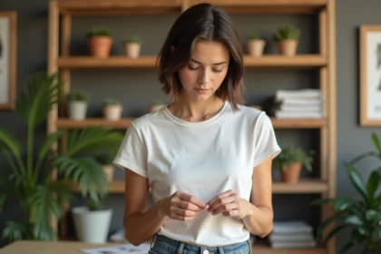 Jeune femme inspectant une étiquette de mode éthique