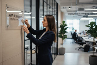 Jeune femme professionnelle fixant une enseigne de bureau moderne