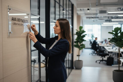 Jeune femme professionnelle fixant une enseigne de bureau moderne