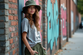 Jeune femme décontractée contre un mur graffité en ville