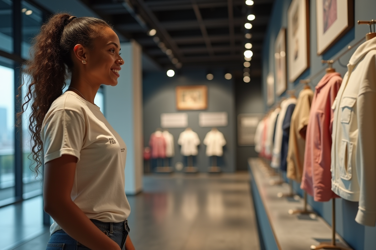 Jeune femme souriante devant une exposition de vêtements anciens