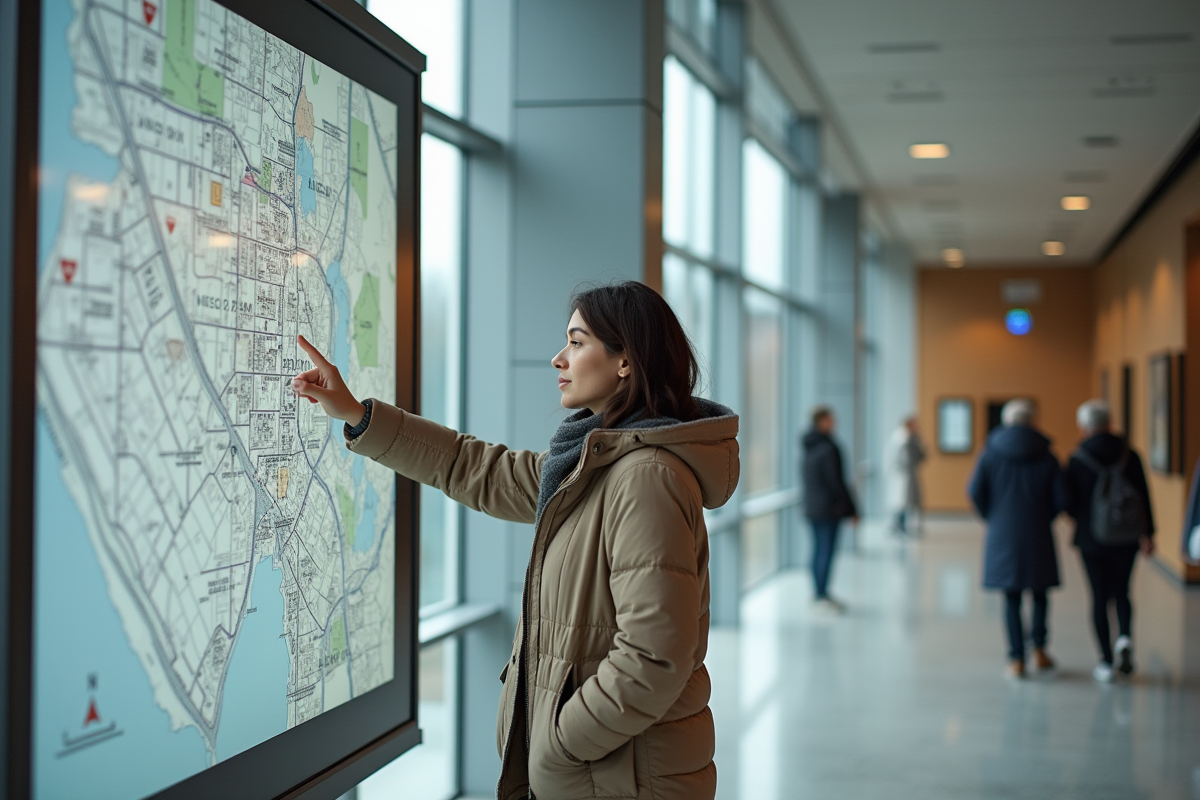 Jeune femme examinant un plan de ville dans un hall moderne