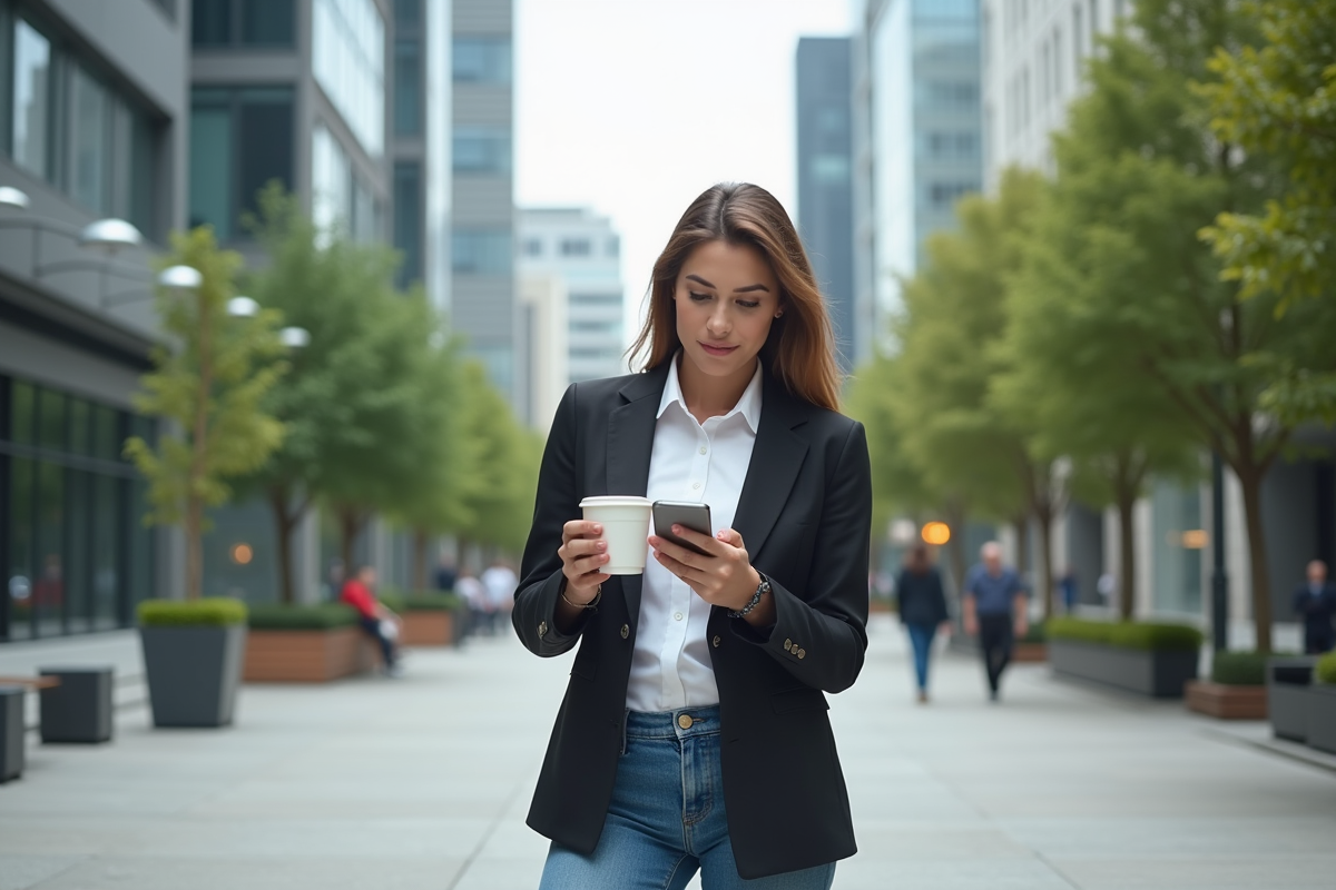 Jeune femme professionnelle dans une place urbaine avec smartphone