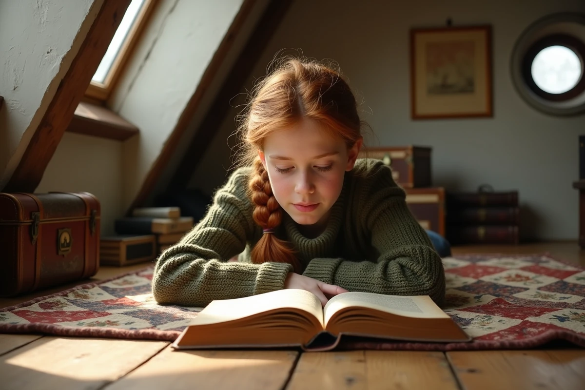 Jeune fille lisant un roman historique dans un grenier chaleureux décoré de cartes anciennes et de livres