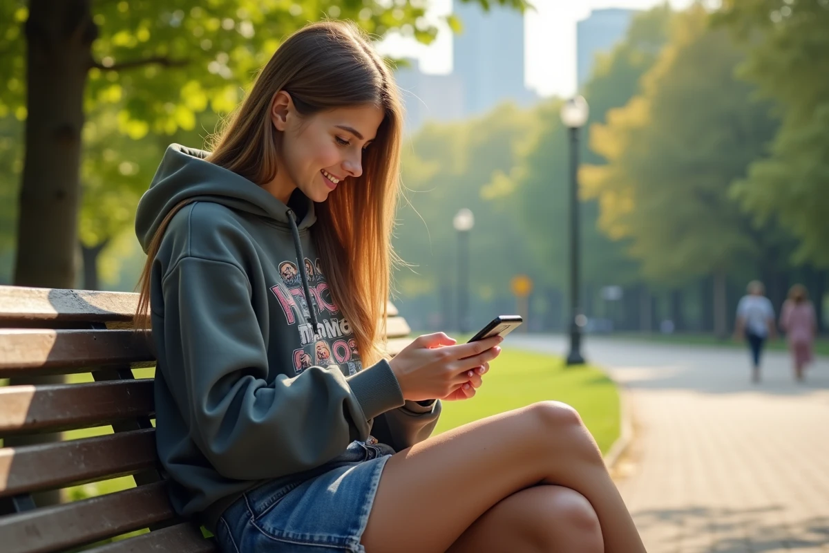 Jeune femme lisant des webtoons dans un parc ensoleille