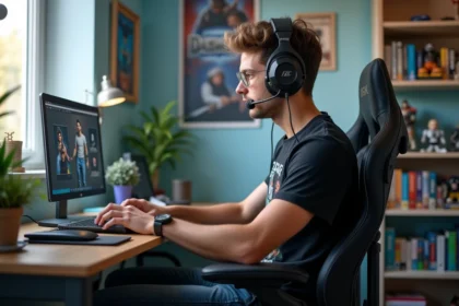 Jeune homme concentré sur son ordinateur dans une chambre gaming
