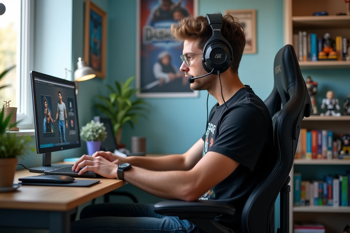 Jeune homme concentré sur son ordinateur dans une chambre gaming