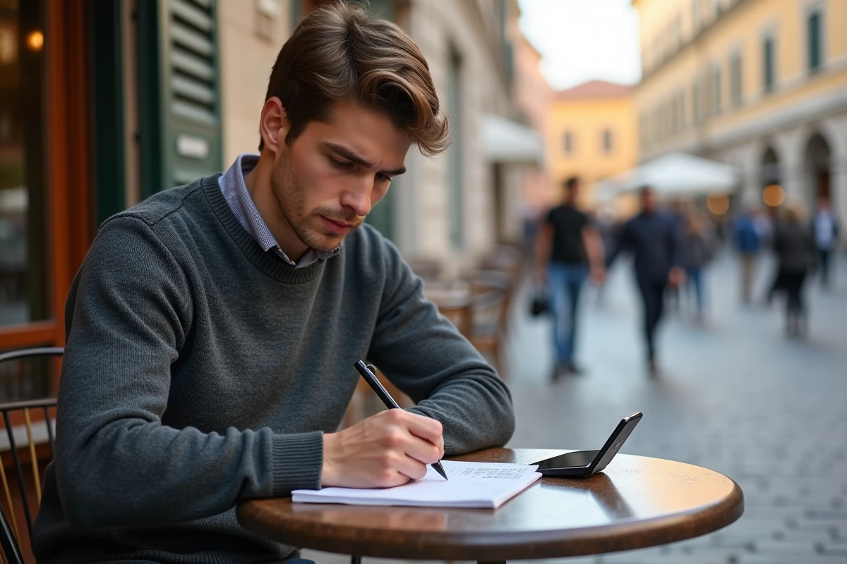 Jeune homme au café résolvant un crossword italien