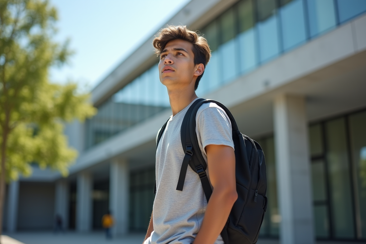 Jeune homme confiant devant un bâtiment universitaire