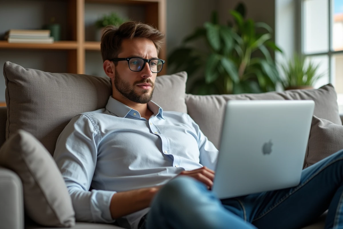 Jeune homme lisant des astuces Monopoly sur son ordinateur portable