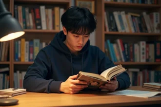 Jeune homme lisant un manwha coréen à son bureau entouré de livres de bandes dessinées