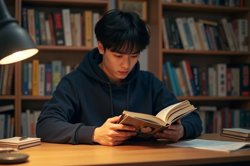 Jeune homme lisant un manwha coréen à son bureau entouré de livres de bandes dessinées