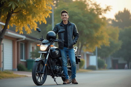 Jeune homme souriant à côté de sa moto Avengers 125