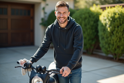 Jeune homme polissant une moto 125cc en extérieur