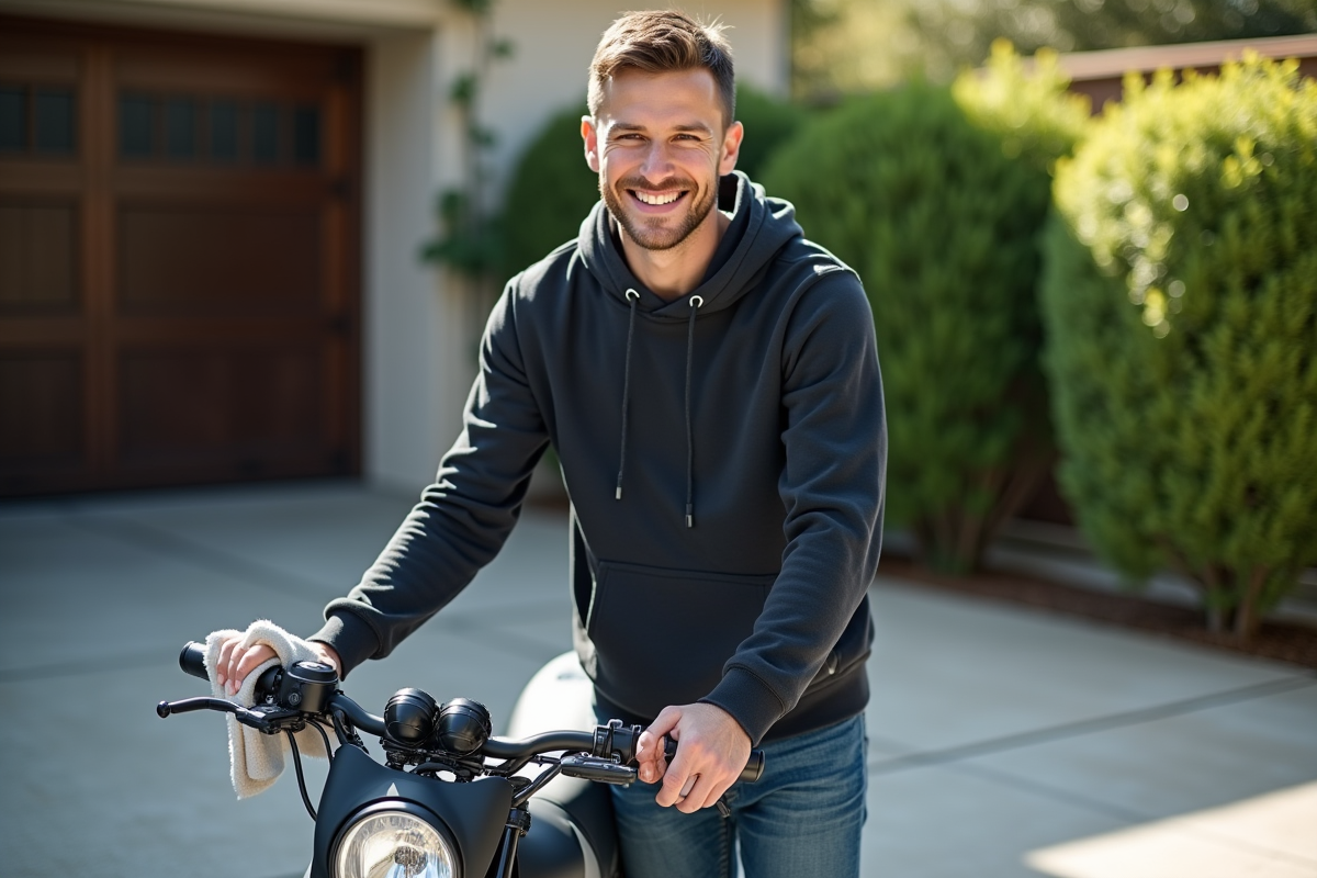Jeune homme polissant une moto 125cc en extérieur