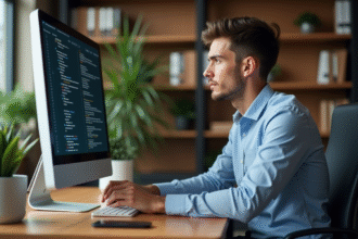 Jeune homme en tenue décontractée au bureau devant un écran