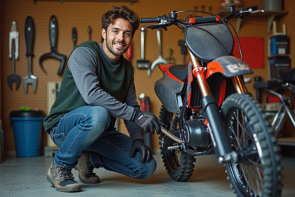 Jeune homme vérifiant la chaîne de sa moto 50cc dans un garage organisé