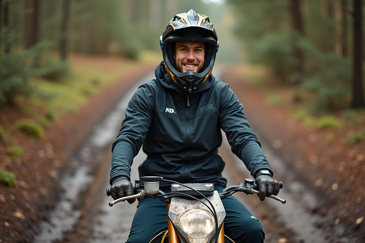 Jeune homme en motocross souriant sur sa moto en pleine nature