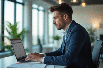 Jeune professionnel au bureau avec ordinateur portable lumineux
