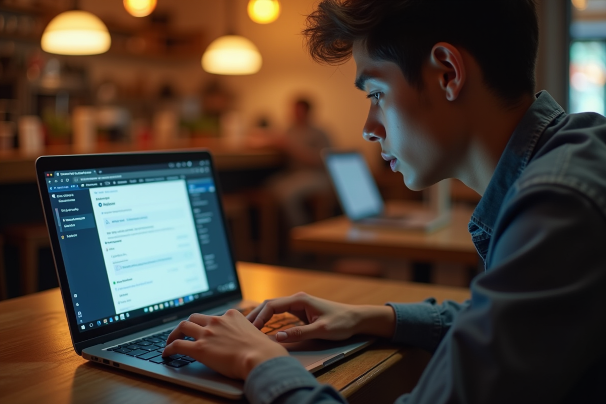Jeune professionnel utilisant un ordinateur portable dans un café