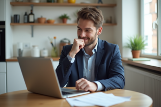 Jeune homme en costume regardant des annonces immobilières