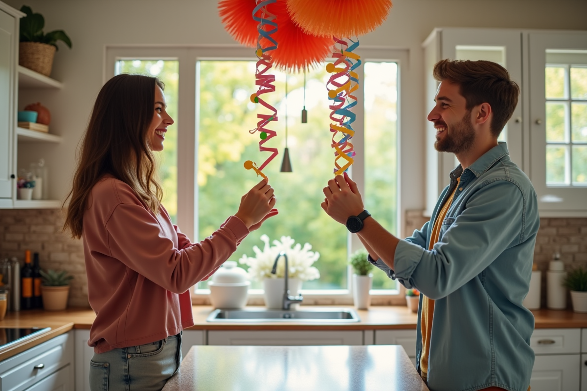 Jeunes adultes décorant avec des guirlandes colorées